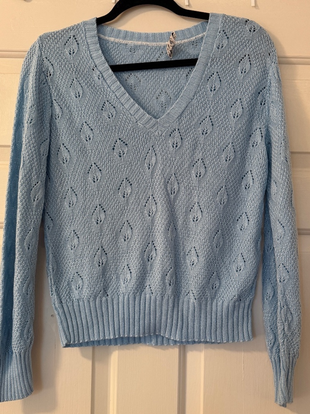 Vintage Cuddle Knit Sweater Women's Small Light Blue Pointelle Eyelet V-Neck